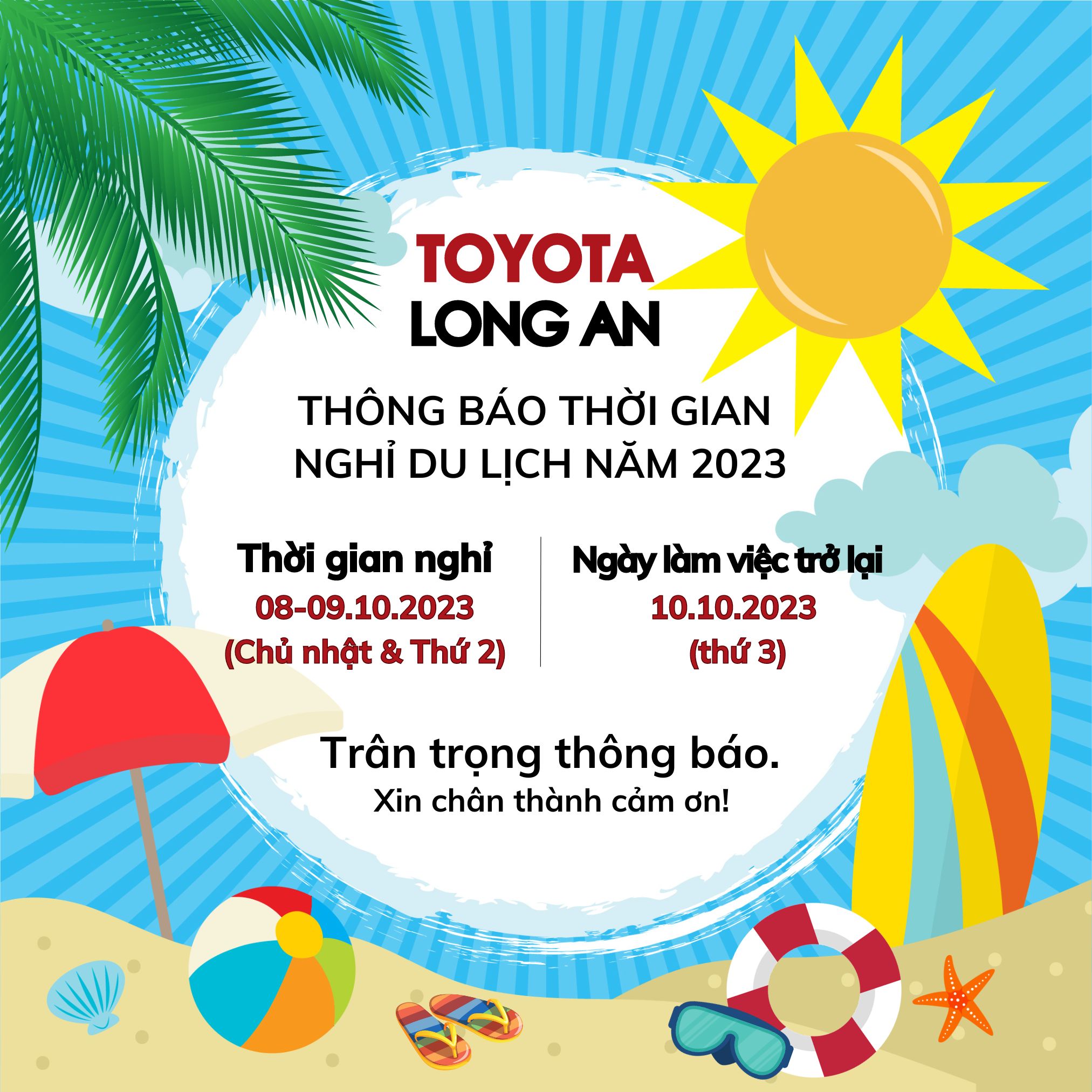 Toyota Long An thông báo lịch nghỉ du lịch năm 2023